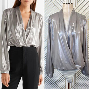 Michelle Mason Metallic Draped Lame Thong Bodysuit‎ Silver XS Party Night Out